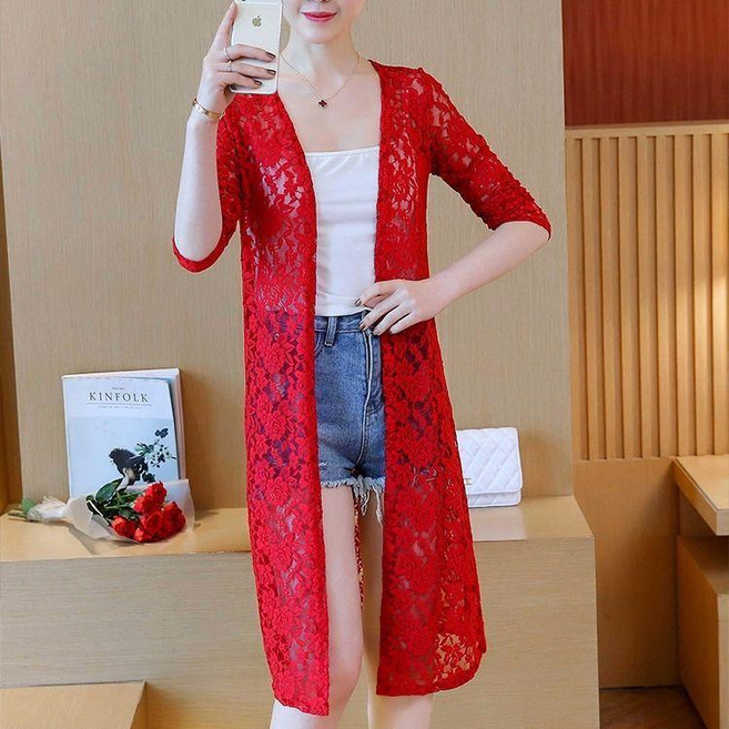 蕾絲開衫 中長款披肩外套女, 紅色,M, 紅色