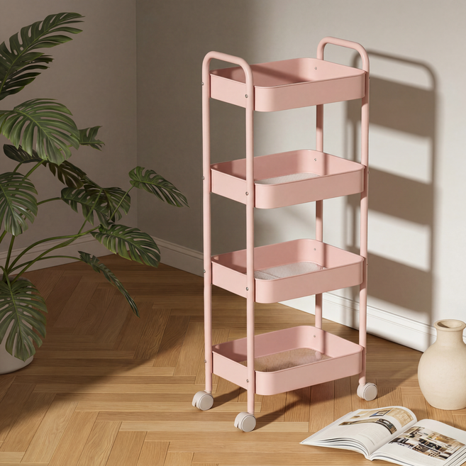 Dune 철제 메쉬 트롤리 이동식 수납 선반 바퀴형 다용도 거실 주방 인테리어 카트, 4단, 분홍색