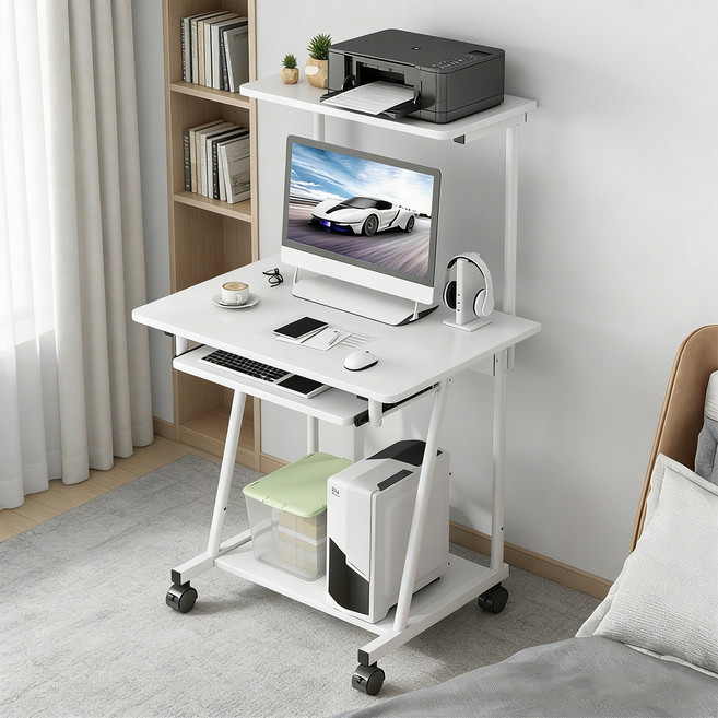 1인용 컴퓨터책상 이동식 책상 선반형 다용도 데스크 홈오피스 노트북 테이블, 화이트