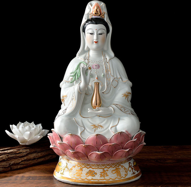 陶瓷坐蓮觀音神像 描金古蓮南海觀世音菩薩 擺件 居家供奉像