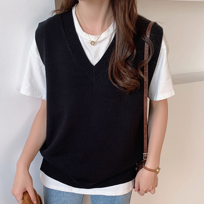 NUNUHANA 여성 레이어드 브이넥 니트조끼 베스트