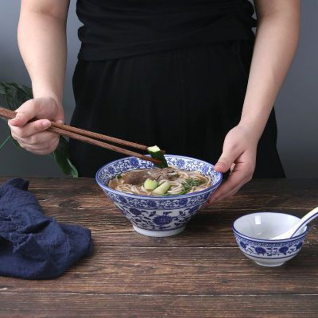 青花瓷商用麵碗湯粉碗 家用陶瓷防燙高溫釉下彩, 青花瓷, 7寸蓋碗, 1個