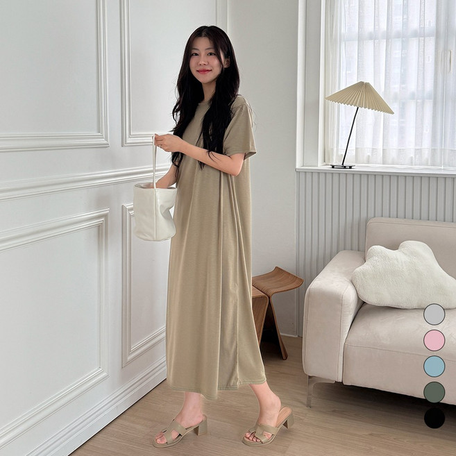 디테일웨어 여성 마가렛 A라인 롱원피스 부드러운 찰랑소재 임부복 신축성 좋은 반팔원피스 홈웨어 루즈핏 시원한 여름원피스