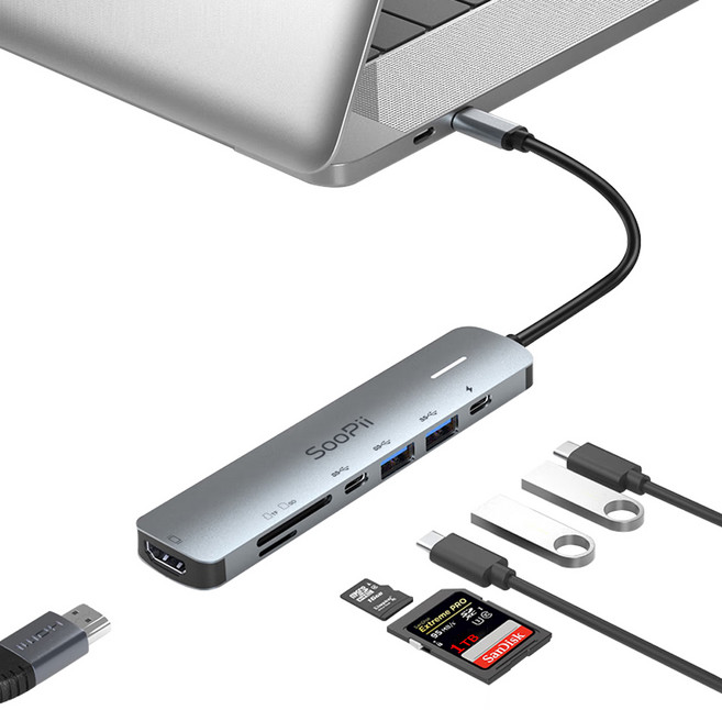 Soopii PD 100W 충전 7in1 USB C타입 멀티 허브 썬더볼트 확장 DS71, 상세페이지 참조
