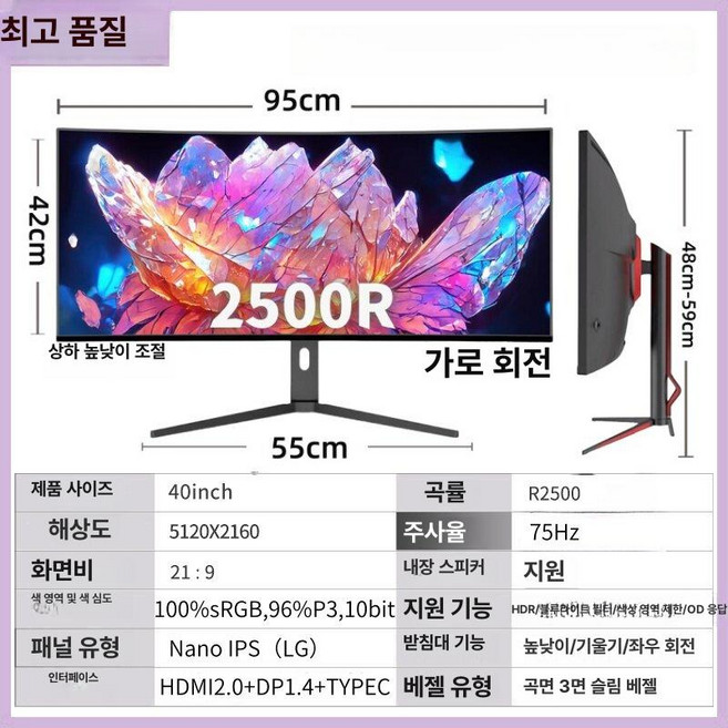 IPS 모니터 5K 뷰피니티 대형 노트북 크로스오버, 기본구성, 34인치 4K 165Hz Fast 65W A, 1cm