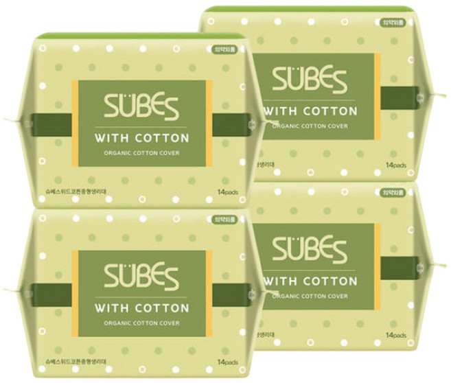 슈베스 위드코튼 순면커버 생 리대 중형 14P x4팩, 14개입, 4개