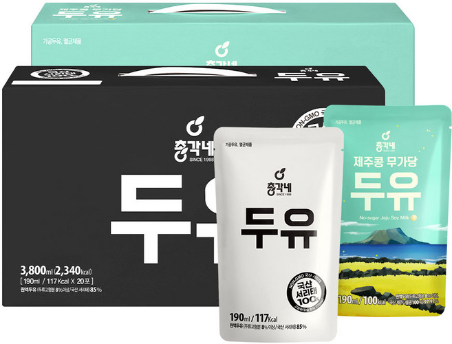 총각네 담백두유 20포 + 제주콩무가당두유 20포, 1세트, 7.6L