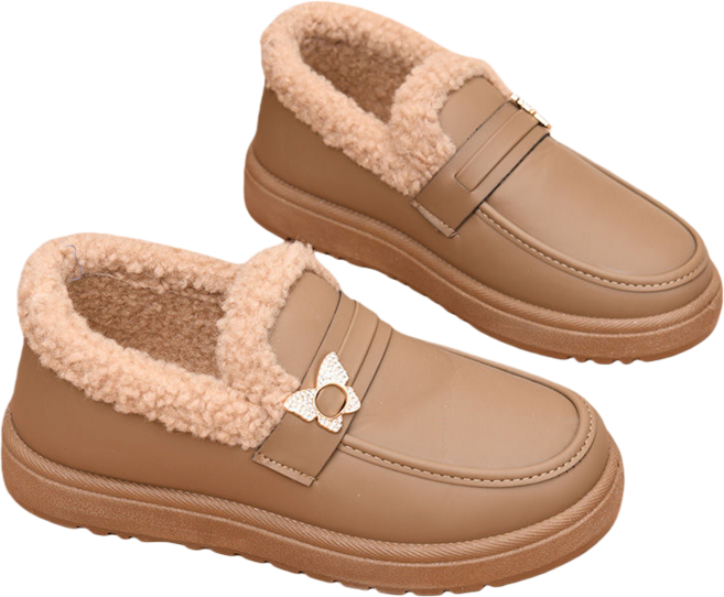 Makone 여성 가을 겨울 가죽 플렛 로퍼 기모 슈즈