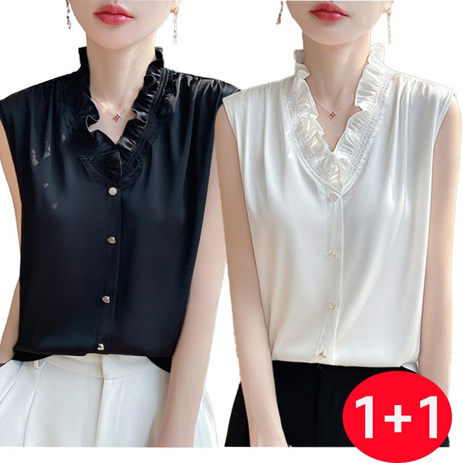 TIMEPURE 1+1여성 V넥 프릴 칼라 새틴 반소매 셔츠 고급스러운 쉬폰 실크 매질감 오피스 데일리 룩 시원한 무소매 탑