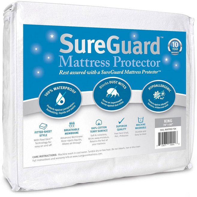 Su Guard 트윈 엑스트라 XL 매트리스 프로텍터 100 방수 저자극성 코튼 테리 커버 화이트, King_Cotton Terry