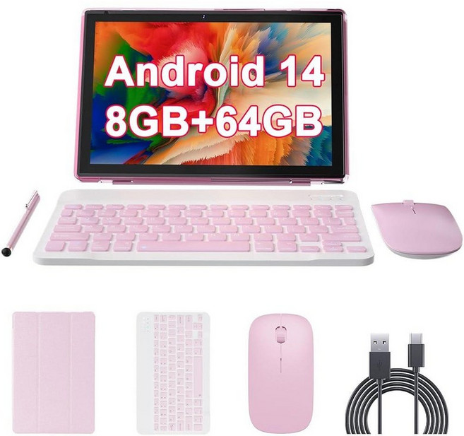 10인치 안드로이드 14 태블릿 키보드 포함 2 in 1 태블릿 세트 케이스 마우스 스타일러스 8GB RAM+64GB ROM 쿼드 코어 10.1인치 탭 6000mAh, Pink