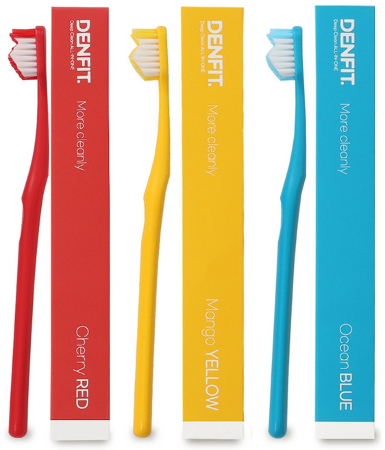 (오리지널) 덴핏 3P 딥클린 올인원케어 탄력모 칫솔 레인보우캔디색상(체리레드 1P + 망고옐로우 1P + 오션블루 1P), 1세트, 3개입