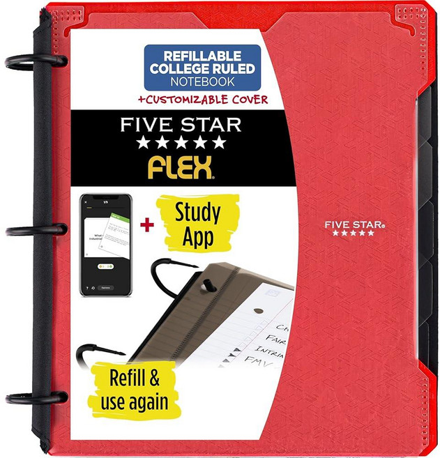 Five Star Flex 리필 가능한 노트 + 스터디 앱 맞춤형 커버가 있는 2.5cm(1인치) 바인더 대학 유선 노트 및 링 바인더 3개 하이브리드 노트 바인더 20, 파이어 레드