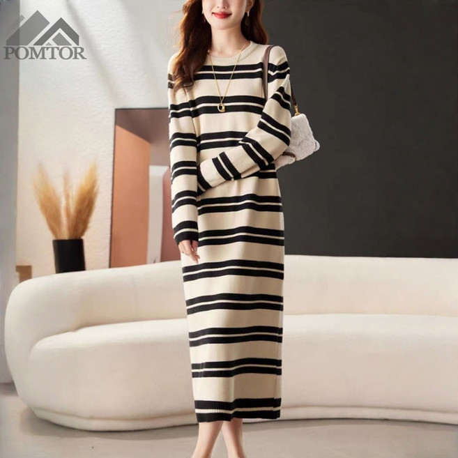 POMTOR 여성 캐주얼 빅사이즈 단가라 긴팔 니트 롱 원피스