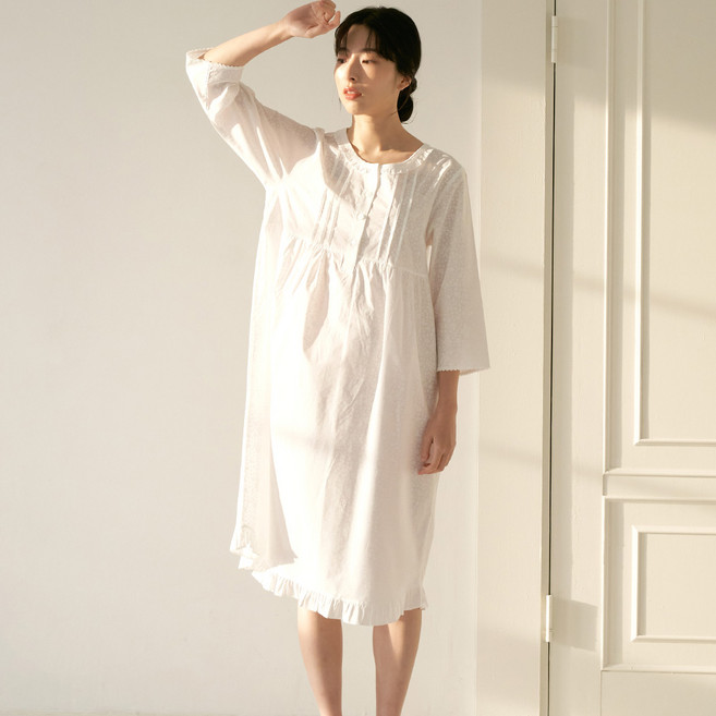 메이플라워 화이트퓨어 7부 순면 여성 빅사이즈 홈웨어 원피스 잠옷