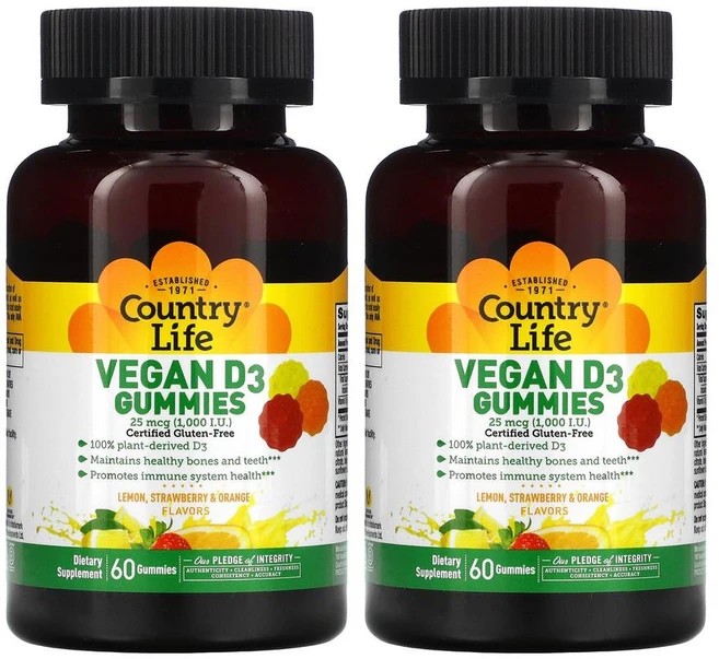 [1+1] Country Life 컨트리 라이프 비건 D3 레몬 딸기 및 오렌지 맛 25mcg(1 000IU) 60개 구미 비타민D3 콜레칼시페롤 함유 스테아린산 마그네슘 무함유 - 쿠팡