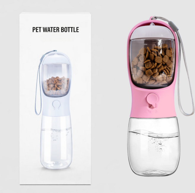 차즈마켓 반려동물 휴대용 사료 급수기 2in1 강아지 고양이 물통+간식통 사료통, 1개, 내고온 핑크300ml