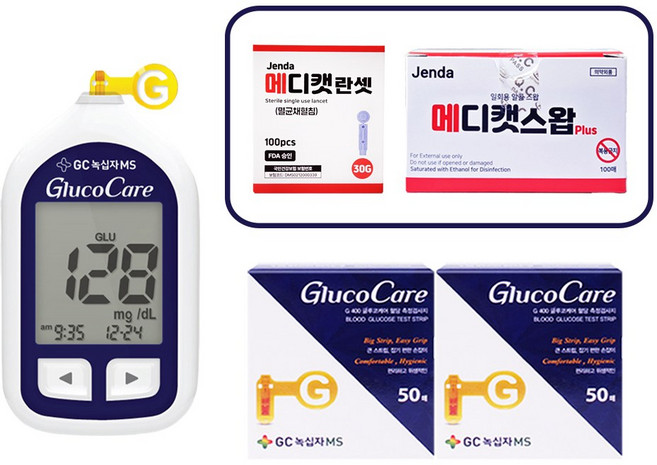 녹십자 글루코케어 혈당측정기G400+검사지100개+알콜솜100개+채혈침110개 세트 혈당측정기, 1세트, G400/글루코케어