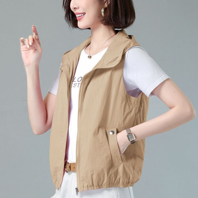 여성용 빅 사이즈 후드 조끼 중년 캐주얼 메쉬 얇은 자켓 조끼 뉴타임즈