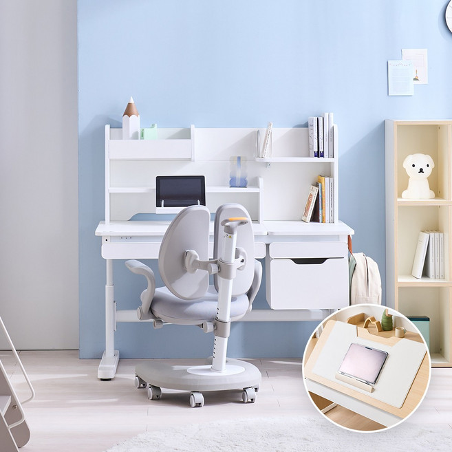 리바트 세계가구 프라임 키즈 각도높이조절 책상+의자+데스크패드 세트, 아이보리 책상, 그레이 의자