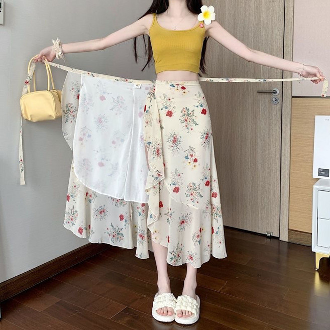 해피유통 여성용 봄여름 플로럴 랩 스커트 우아한 레이어드 디자인 반바지 BJJ001