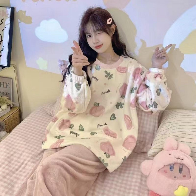 여성 겨울 누빔 극세사 파자마 홈웨어 세트 긴팔 잠옷