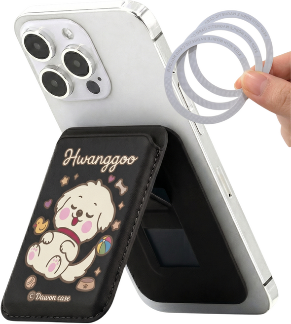 아이폰 갤럭시 맥세이프 카드지갑 그립톡 마그네틱 거치대 강력자석 각도조절 접이식 자석포함 스탠드 3장수납 황구, 1세트, 블랙