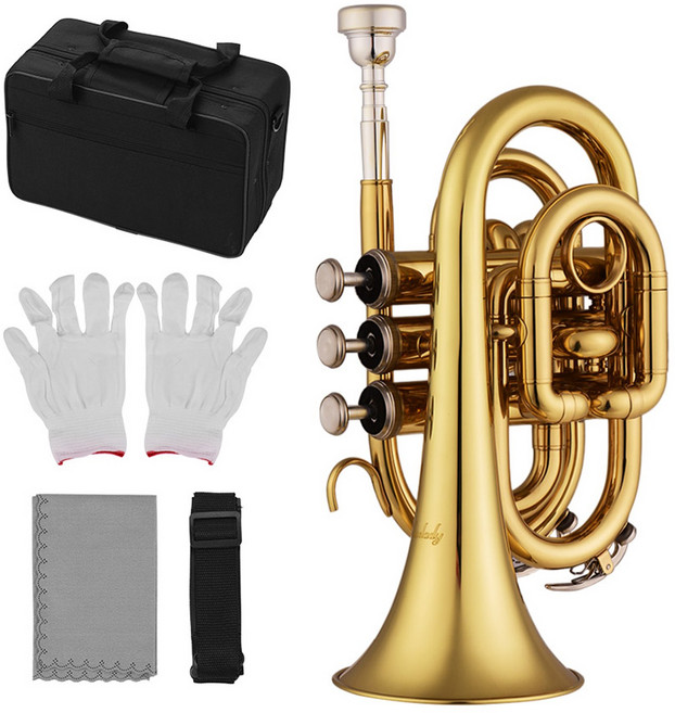 Muslady 마우스 피스 장갑 청소 천 휴대용 케이스와 미니 포켓 트럼펫 비비 플랫 황동 재질 관악기, 금, 1개