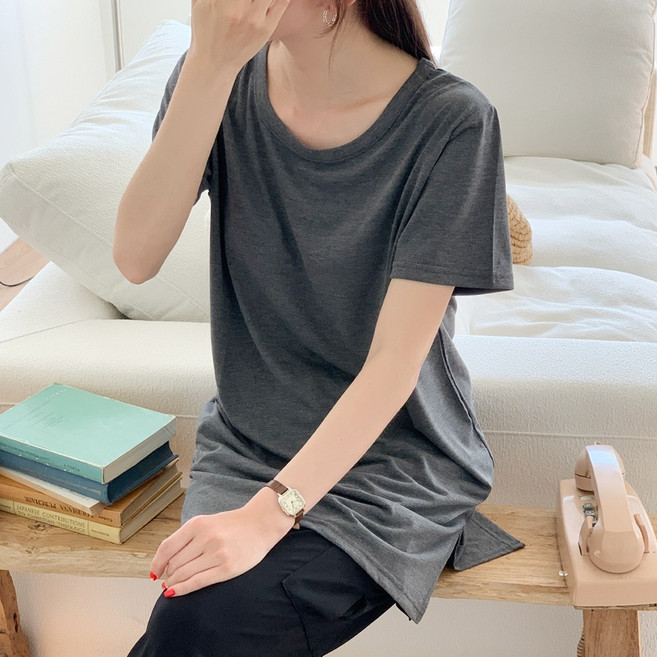 앤샵 반팔티셔츠 언발란스 레이어드 옆트임 롱 티셔츠 무지티 이너티 롱티 (3color)