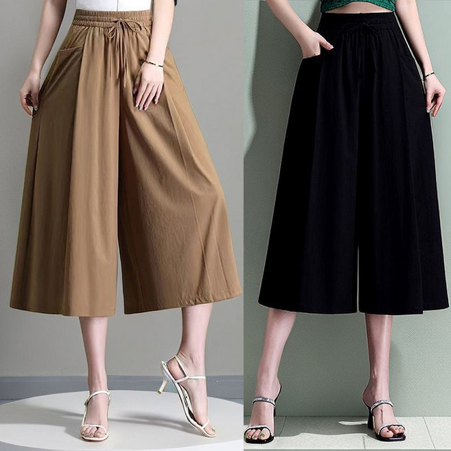 1+1 중년여성 하이웨스트 허리밴딩 와이드 7부바지 빅사이즈 M-4XL 7부 쿨바지 날씬해보이는 여름 엄마바지 치마바지