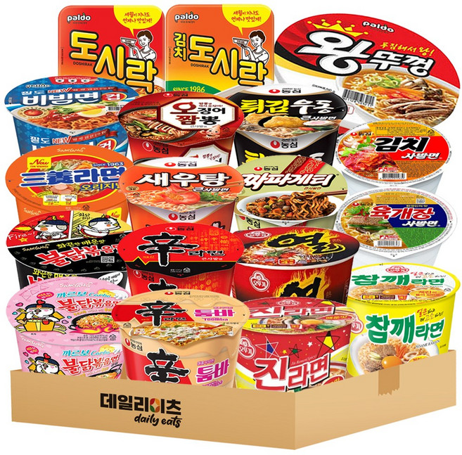 [데일리이츠] 컵라면 큰사발&사발면 시리즈 18종류 (신라면툼바 신라면 육사발 김치사발 튀김 새우 오짬 짜파 진매 열 참깨 삼양 불닭 까르보불닭 도시락 김치도시락 왕뚜껑 팔도비빔), 1세트