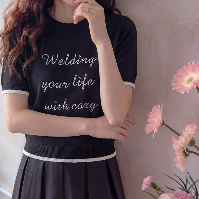 SOSISI 여성 반팔 니트 라운드 자카드 레터링 여름 니트 탑 풀오버 46162