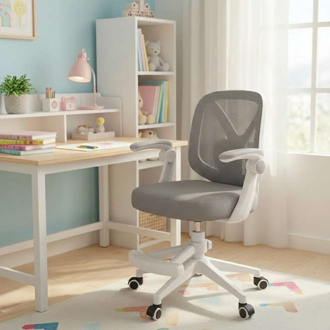 체블스 바른자세 의자 중력잠금 발받침 중학생 메쉬, 그레이(Gray)