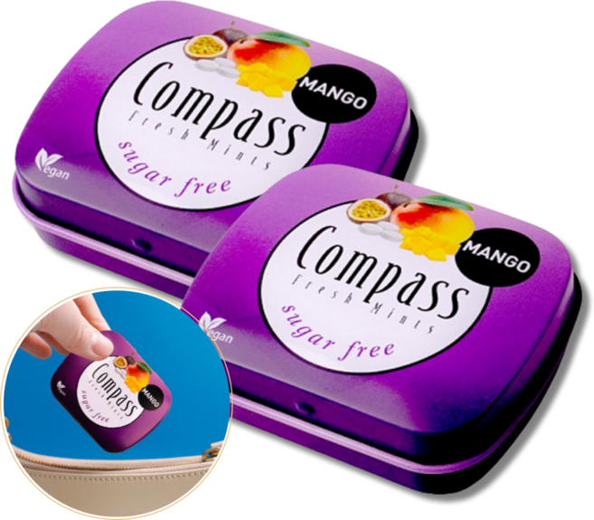[MJ KOREA] 콤파스 민트 망고 패션 후르츠 슈가프리 캔디 클래식 14g 잠깨는 무설탕 사탕 입냄세 제거, 2개