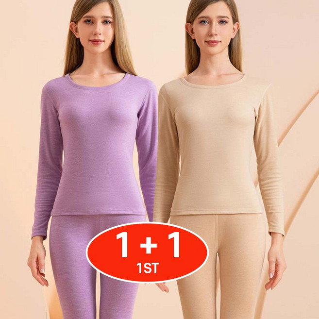 TIMEPURE 1+1 여성 보온 내의 세트 루즈핏 겨울 배이직 라운드넥 오버사이즈 내복 1+1 내의 세트 히트텍 따뜻한 발열 상하의 세트 2P