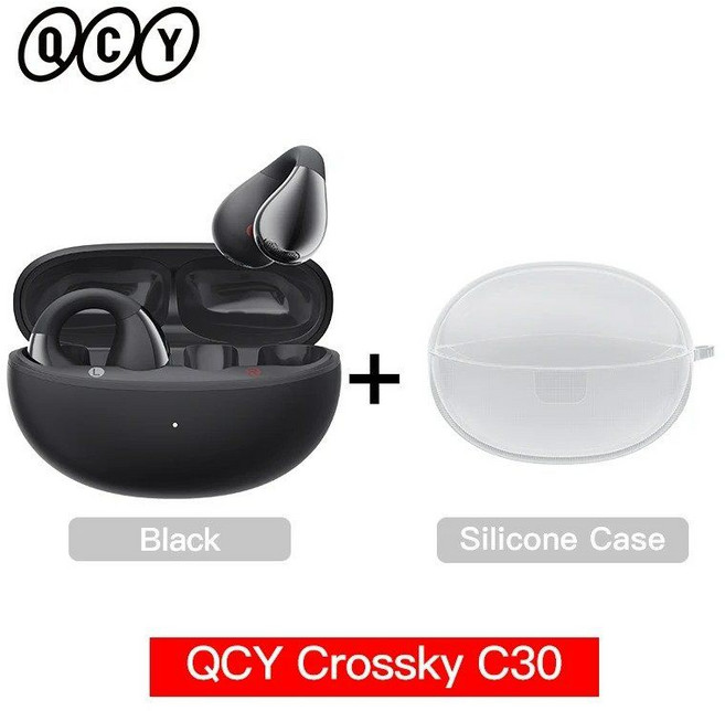 QCY Crossky C30 스포츠 오픈형 블루투스5.4 이어폰 이중 연결 무선 TWS 이어 클립, Black with Case