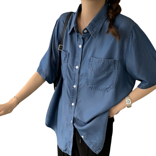 Makone 여성 캐주얼 반팔 데님셔츠