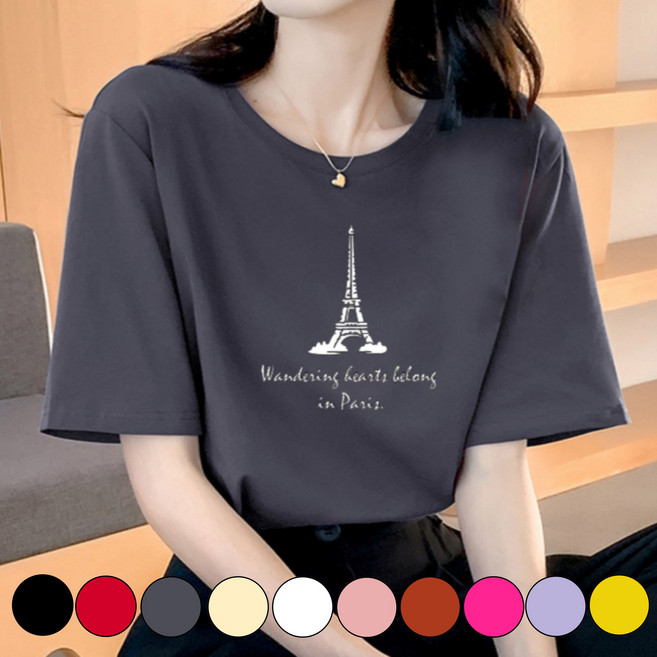 그리내 여성 라운드넥 여름 시원한 반팔티 에펠탑 프린팅 커플티 캐릭터 이너 홈웨어 티셔츠