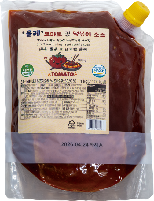 제주 올레 토마토 킹 떡볶이 소스 새콤 매콤 달콤 감칠맛 1kg [원산지:국산(제주특별자치도 제주시)], 1개