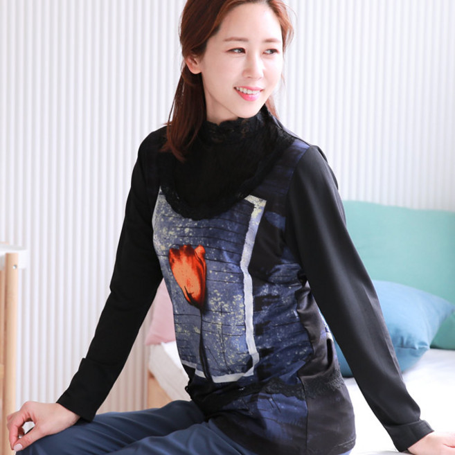 국민할매 by 귀욤할매 엄마옷 레이스 튤립 프린팅 티셔츠[PN-433]