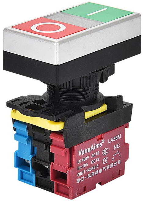 22mm LA36M 이중 푸시 버튼 순간 재설정 LED 12V 24V 220V 10A NO NC 스위치 On Off VaneAims가 있는 2위치, Silver edge, 1NO1NC, 1개