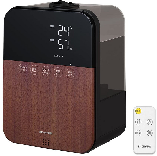 아이리스 오야마 가습기 탁상 아로마 대용량 4.5L ~10 다다미 하이브리드식 (초음파식 + 가열식 스팀) 최대 가습량 350mlh 액정 리모콘 부착 연속 12시간 HDK-35-TM 나뭇결 브라운