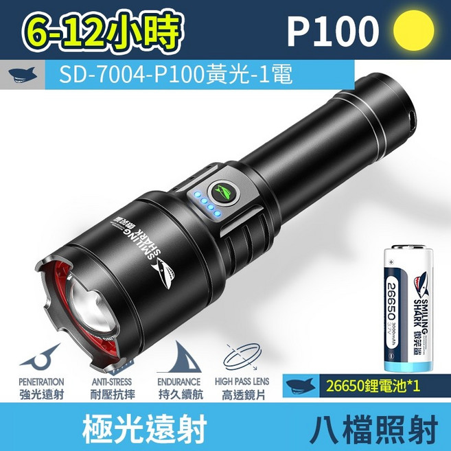 強光手電筒 LED 伸縮變焦手電 露營燈, 1個, 1電 微笑鯊SD7004-黃光, 黑色