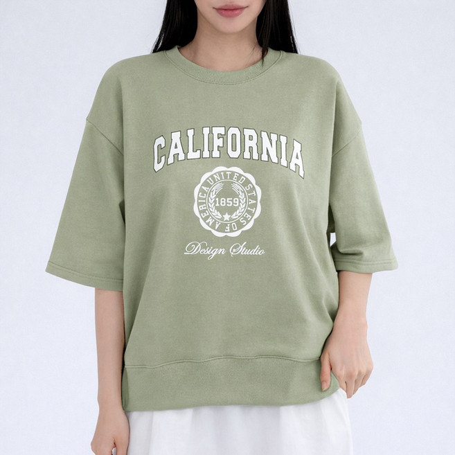 캘리포 루즈핏 캐쥬얼 7부 소매 반팔 맨투맨 티셔츠