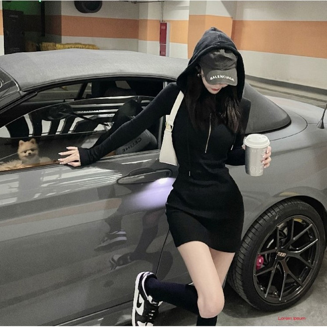 체인지쉬(change she) 여성 슬림핏 스트라이프 후드 집업 니트 원피스