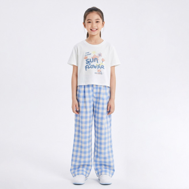 지디오 주니어 여아 투피스 세트 레터링 반팔 티셔츠 체크 와이드 긴바지 초등학생 여름 상하의
