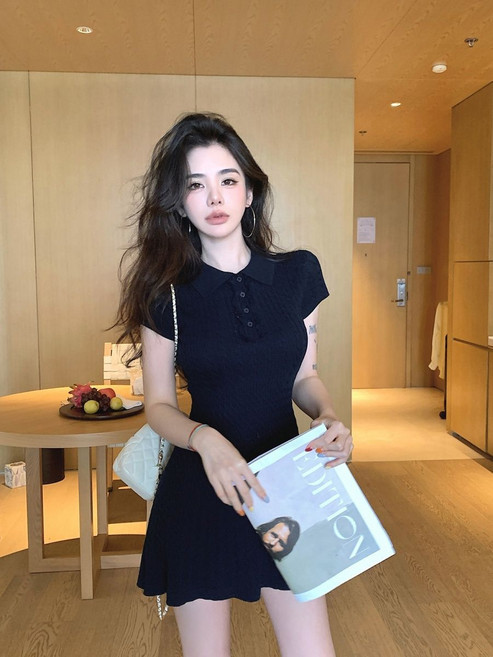 氣質優雅polo領針織收腰連衣裙女夏季新款韓版顯瘦百搭長裙ins風