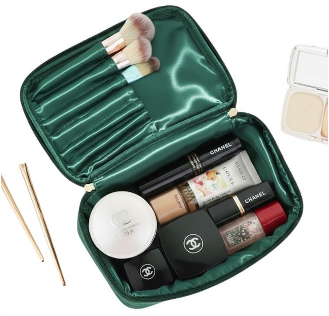 브러쉬 7칸 대용량 메이크업파우치 벨벳 새틴 고급소재 여행용 화장품 수납, 1개, 그린