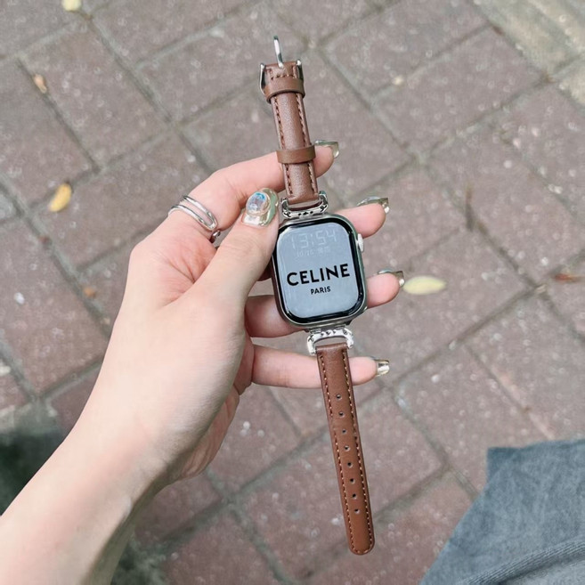 BuGeum 애플워치 스트랩 가죽 슬림 밴드 호환 11 10 9 8 7 6 5 4 3 2 1 SE3 SE2 Ultra2/3, 1개, 갈색