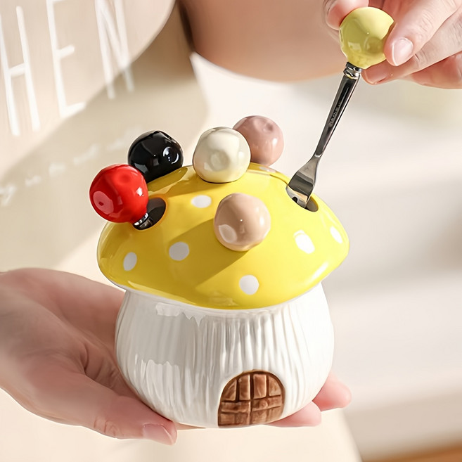 쿠코아 귀여운 버섯집 모양 세라믹 수납 스테인리스 과일 포크 세트, 1세트, 9.5*10.4cm 노란 버섯집+포크 6개